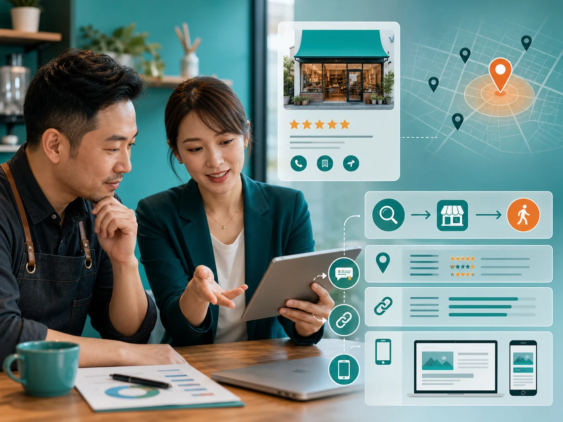 商家檔案、在地關鍵字、評論、連結與網站訊號的 Local SEO 策略示意圖